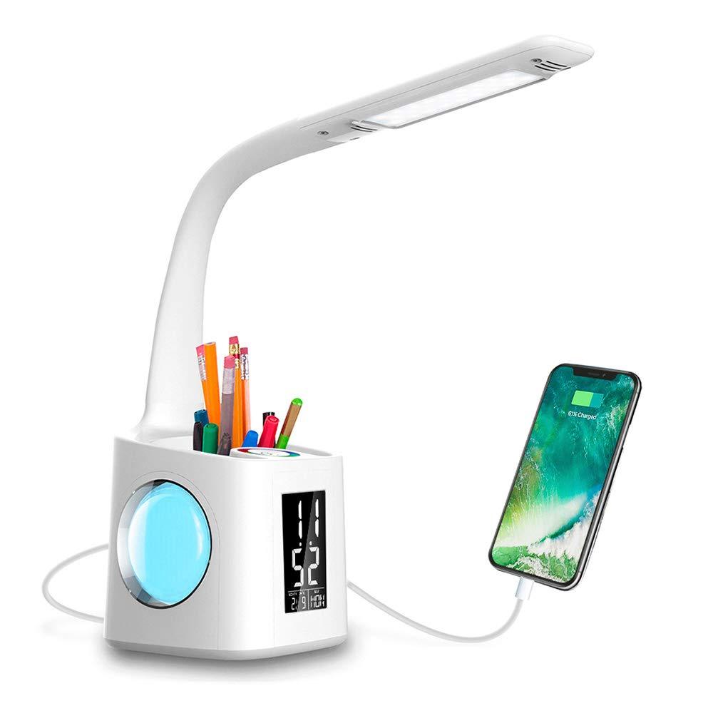 LED Desk Lamp USB Charging Port&Screen&Calendar&Colors Night Light Kids Dimmable Table Lamp With Pen Hold